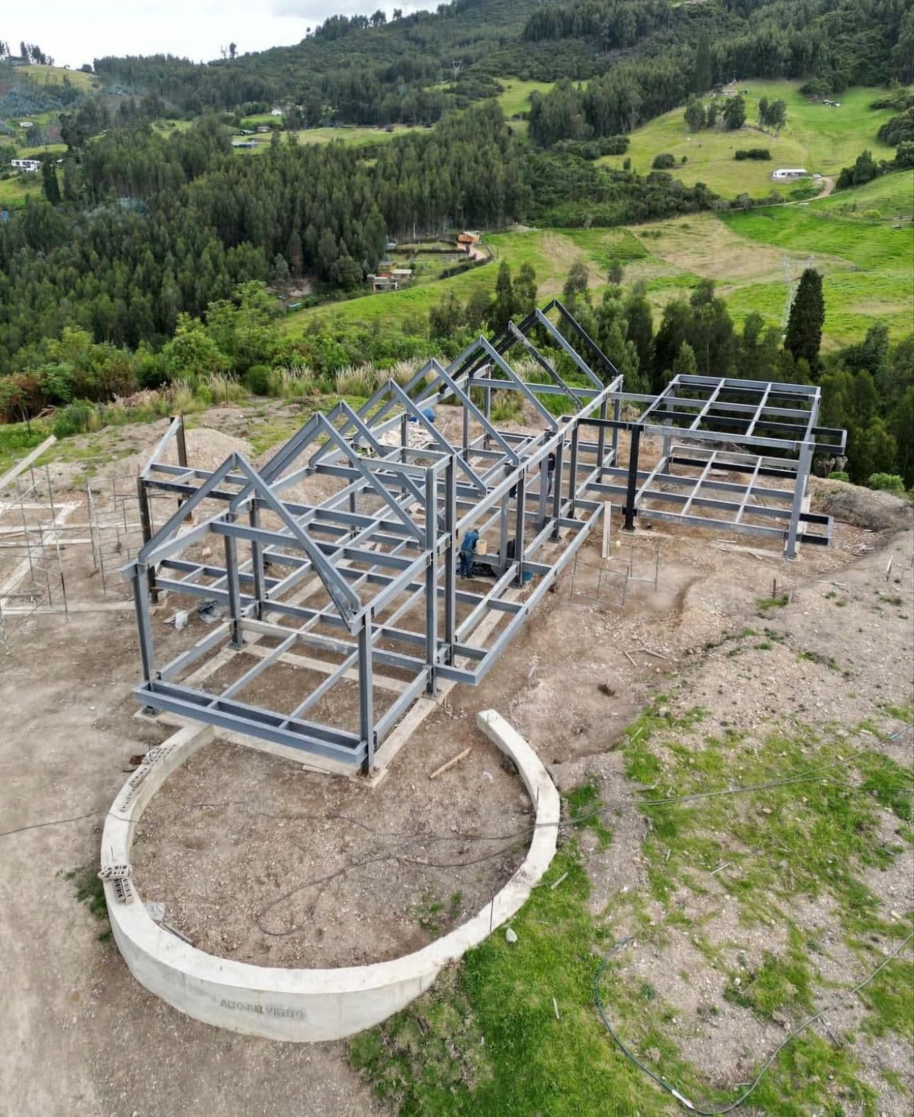 Aerial view of steel-frame structure under construction